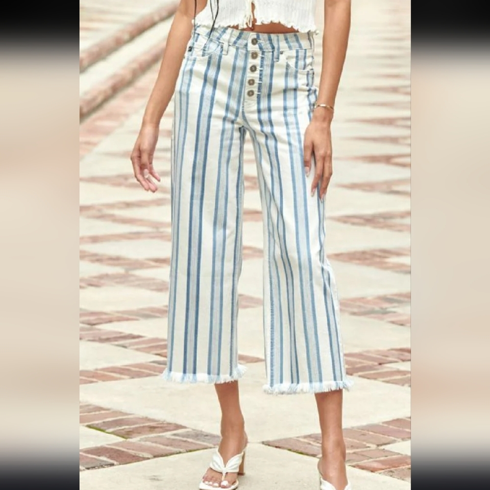 KanCan Striped Flare Jeans | Size 25 | Blue And White | Coastal
